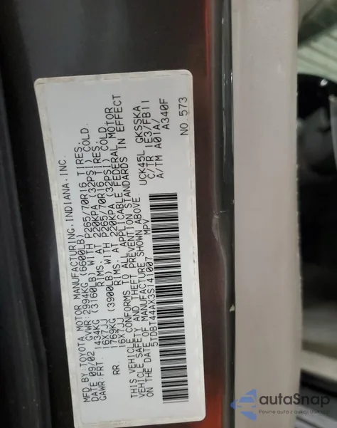 2003 Toyota Sequoia Sr5 from USA, damaged, VIN 5TDBT44AX3S141007